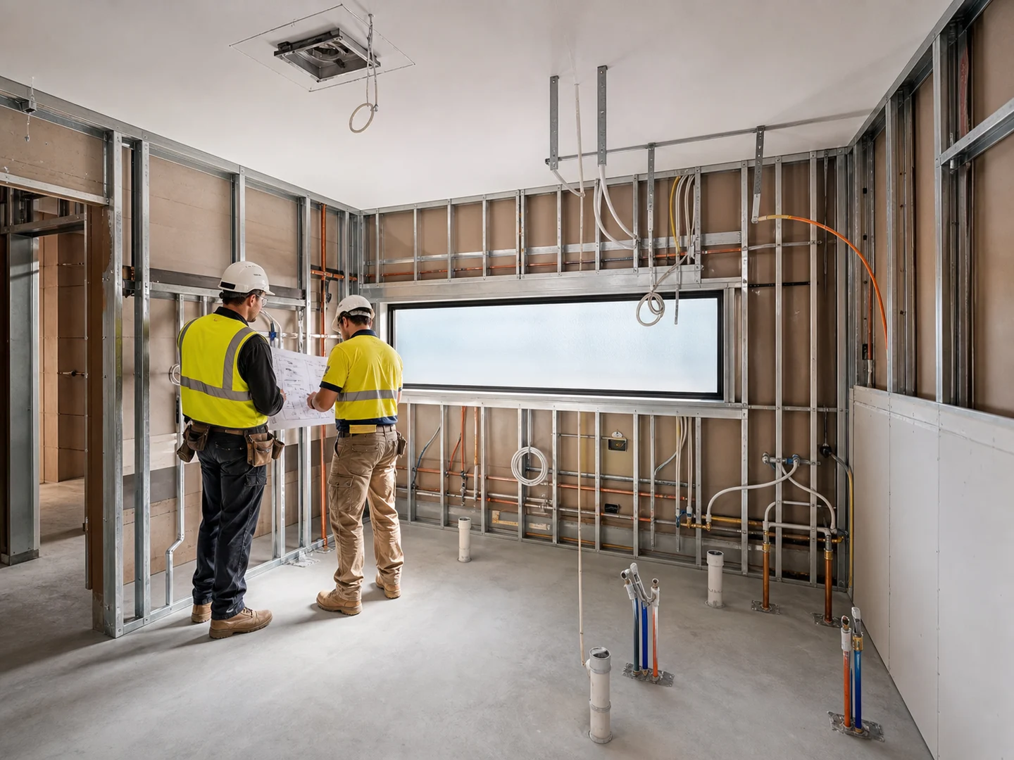 Two workers reviewing plans beside exposed dental services