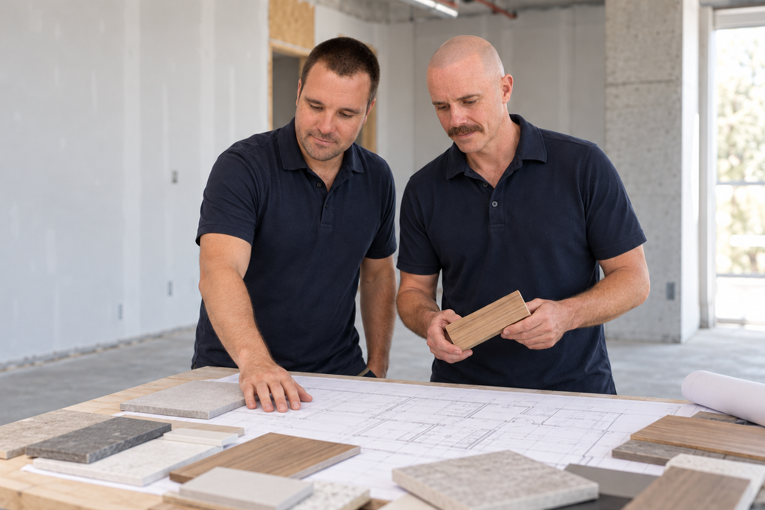 Andrew and Zac reviewing plans and material samples
